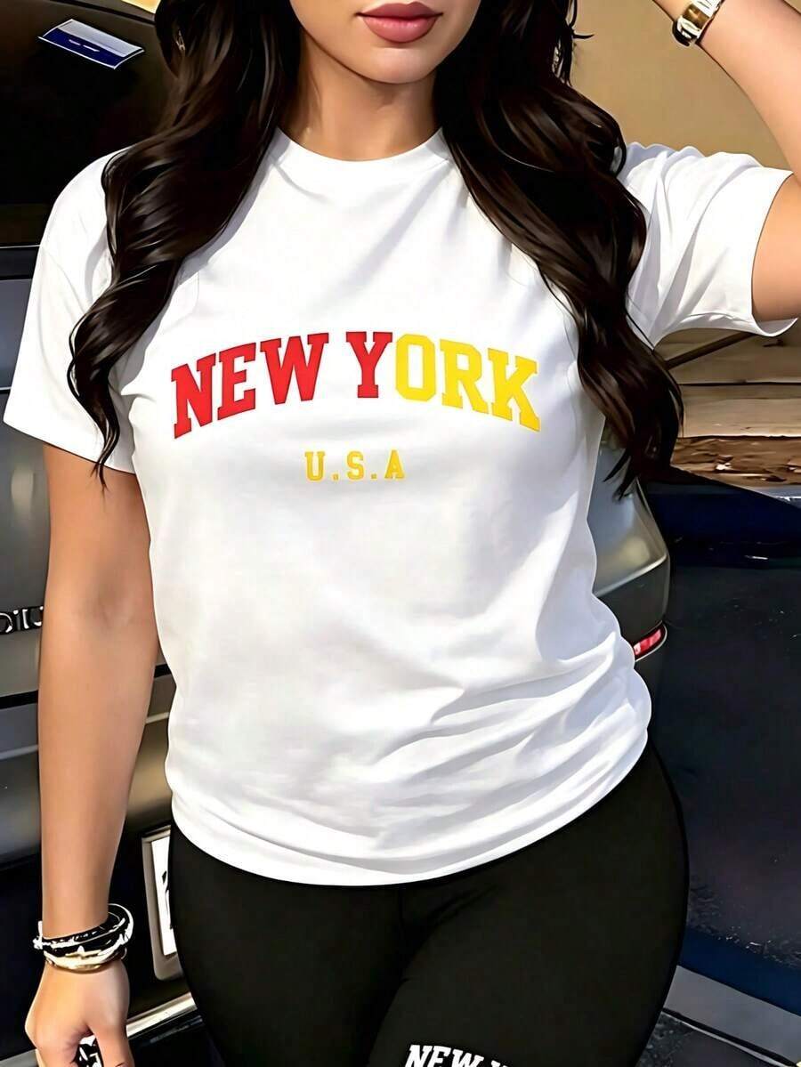 Camiseta de manga corta con cuello redondo para hombre y mujer, de corte holgado y transpirable, con estampado de la palabra "NEW YORK", estilo mono de una pieza, paquete individual.Transpirable y cómoda. - Blanco 2 - Ver 1