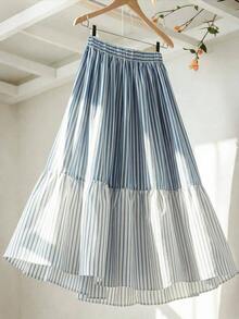 Falda de línea A de cintura alta elástica con rayas de contraste para mujer, rayas azules y blancas, estilo casual suelto y elegante para ir al trabajo - Multicolor - Ver 2