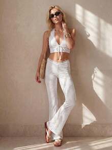 ICON Pantalones elegantes de encaje blanco con alta elasticidad y textura, adecuados para ir al trabajo, dulzura, uso casual, fiestas y todo tipo de eventos de alta gama. - Blanco - Ver 5