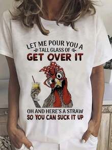 Camiseta de cuello redondo con estampado de pollo de dibujos animados, top casual de manga corta para primavera y verano, ropa de mujer, estampado de dibujos animados, material de algodón cómodo, agradable para la piel, suave y fresco, ropa de verano para mujer. - Blanco - Ver 7