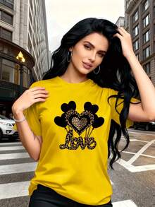 Combinación de salvajismo y ternura, estampado de patrón de globo en forma de corazón negro con estampado de leopardo, moda y , camiseta de mujer de manga corta casual de cuello redondo simple, adecuada para actividades como ocio, turismo y vacaciones 13419- Uso diario, fácil de lavar y mantener - Azul - Ver 7
