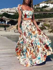 Women's Two-Piece Set With Floral Print Crop Top And Maxi Skirt, Halter Neckline, High Belt, Lightweight And Breathable Fabric Ideal For Beach, Vacation And Summer, Boho Chic Style Perfect For Beach Parties And Resorts - 杏色 - 查看 4