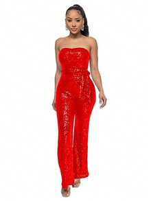 New Women's Jumpsuit, Hot Style, Sleeveless, Sequined, Backless, With Ribbons, Tube Top, Sexy Design, Perfect For Photoshoots, Nightclubs, Parties And Evening Looks - 紅色 - 查看 4