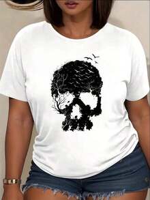 ropa de mujer Camiseta gótica para mujer con estampado de calavera de árbol y alas de murciélago - Top casual de manga corta suave y elástica con cuello redondo, diseño gótico blanco, lavable a máquina, para primavera, verano, otoño, para atuendos casuales y eventos temáticos (vampiro, bruja, estilo gótico) camisas de mujer - Blanco - Ver 7