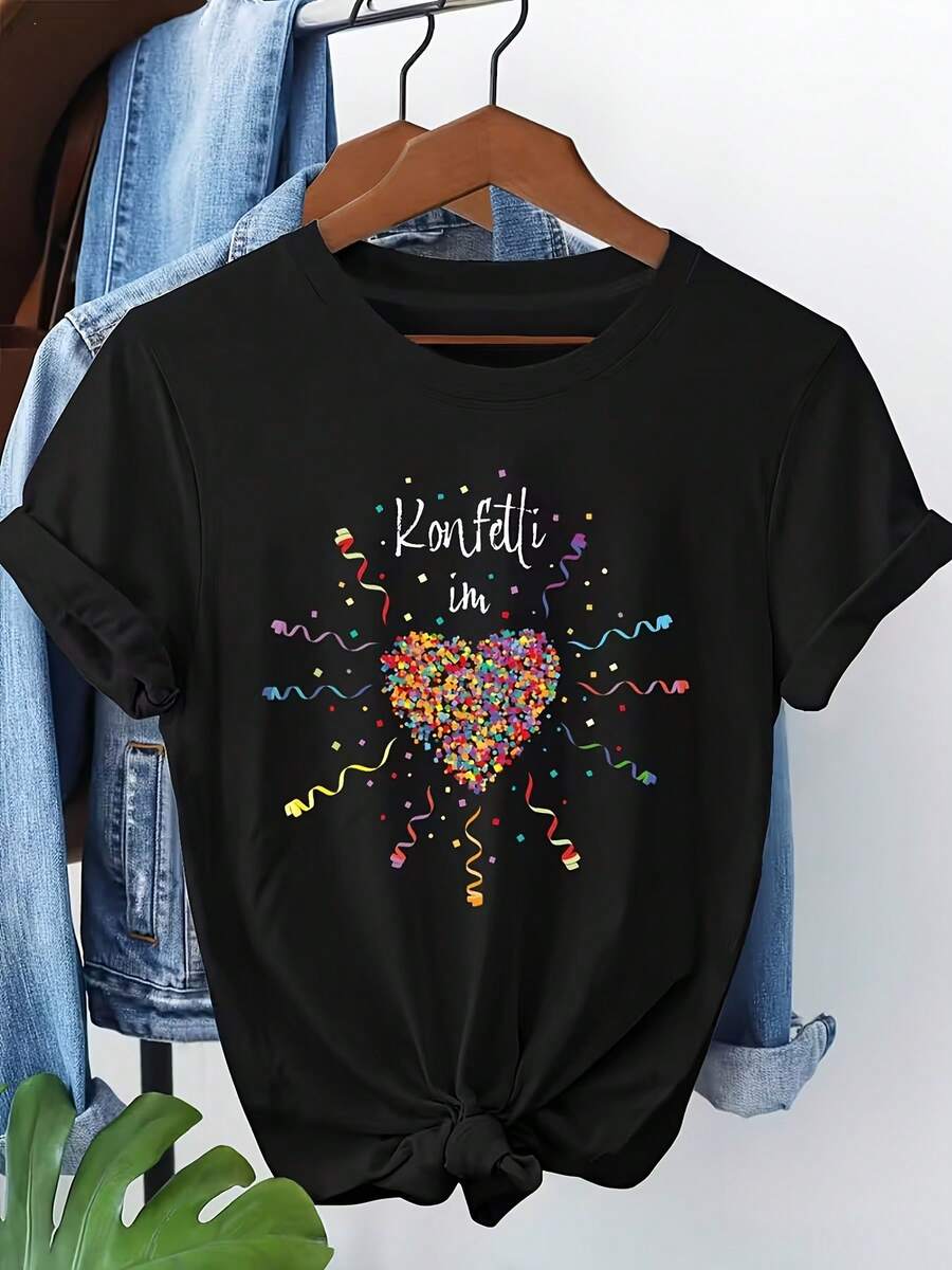 Camiseta con estampado de corazón de confeti y texto en alemán estilo fiesta, ambiente alegre, combinación de colores vibrantes, ajuste regular, tela cómoda, prenda superior casual de diario"--Quan Quan - Negro - Ver 1