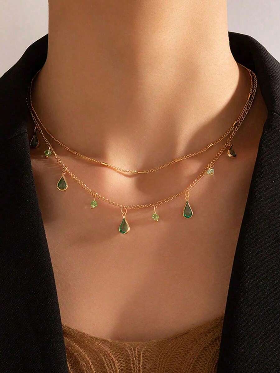 1 chiếc vòng cổ nhiều lớp tua rua hình giọt nước màu xanh lá cây đơn giản dành cho nữ - giọt nước - Xem 1
