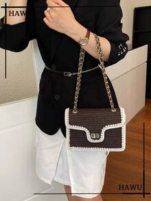 Fashion Pearl Design Straw Shoulder Bag, Small Square Bag For Beach Vacation - Coffee - View 2
