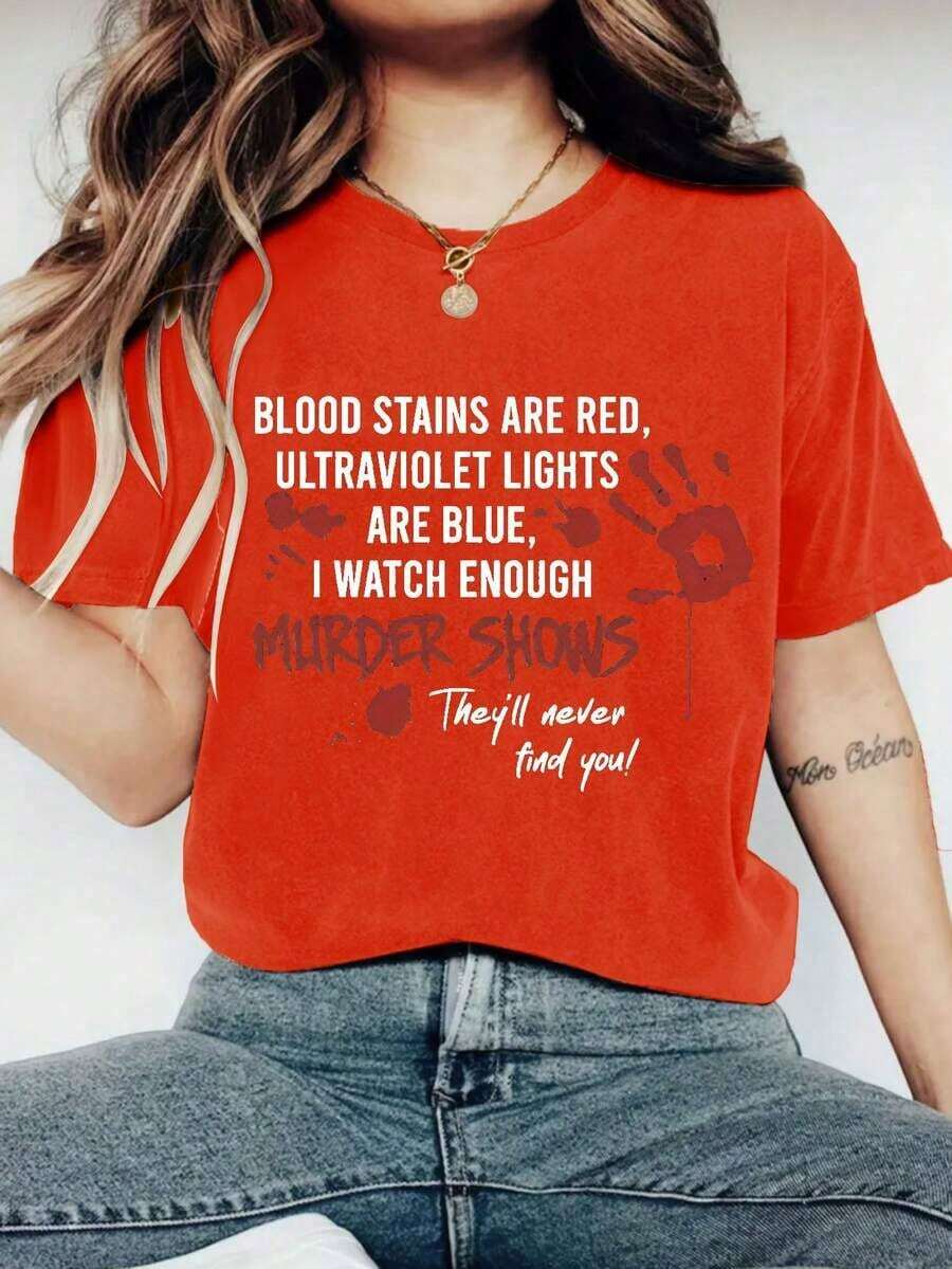 Nueva Camiseta Holgada de Moda para Mujer con Estampado de Palma de Sangre - Casual, 100% algodón, diseño de cuello redondo, adecuada para todas las estaciones, pieza única, 200 gsm - Camiseta unisex de manga corta y cuello redondo de algodón, estilo vintage urbano. - Rojo - Ver 1