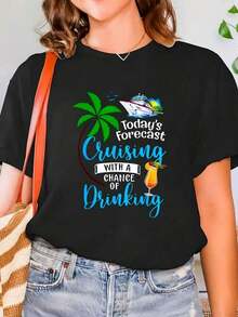 Pronóstico De Hoy Navegando Con Una Posibilidad De Beber Camiseta Estampada Para Crucero, Cuello Redondo, Para Verano, Camiseta Suave De Manga Corta Para Mujer, Cómoda Y Con Estilo, Camiseta Gr blusas para mujer camisa - Negro - Ver 6
