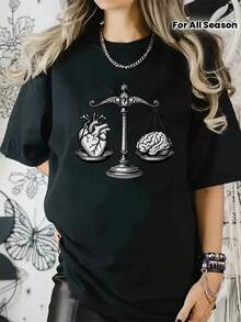 Camiseta Gráfica para Mujer - Diseño de Justicia Blanca con Equilibrio de Corazón y Cerebro - Camiseta Suave y Elástica para el Gimnasio, Atuendos Casuales - Top Transpirable de Cuello Redondo para Todas las Estaciones - Prenda Esencial Diaria Lavable a Máquina, Camisetas de Gimnasio, Camiseta de Estilo Maduro, Material No Transparente, Tejido de Alta Elasticidad - Negro - Ver 2