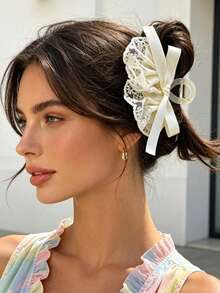 1 Peça Novo Clipe de Cabelo com Laço de Renda, Grampo de Cabelo da Moda Criador de Coque, Acessório Versátil de Penteado Meio Preso Estilo Princesa - Multicolorido - Visão 5