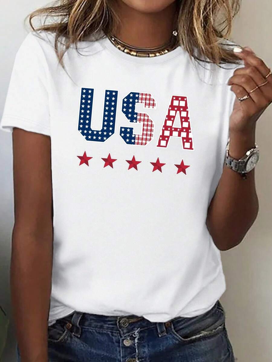 Camiseta de mujer con diseño audaz de USA, ajuste cómodo. - Blanco - Ver 1