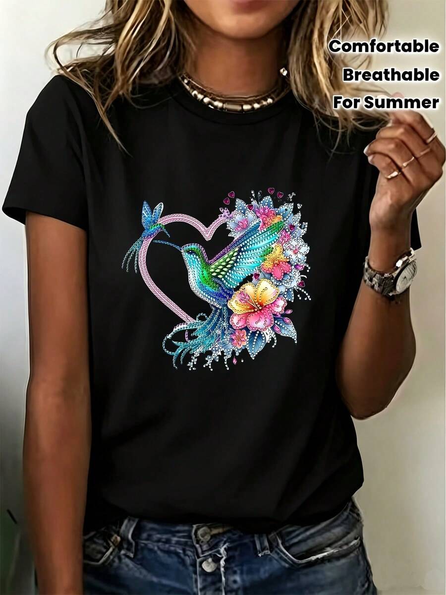 Camiseta de Moda con Bordado de Colibrí, Camiseta Transpirable de Verano para Mujer, Ideal para Reuniones Familiares y Regalos Navideños - Negro - Ver 1