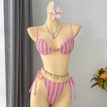 Traje de Baño de Dos Piezas Estilo Bandeau con Cuello Halter y Rayas, Sexy, para Vacaciones en la Playa, Estilo Ins, 2026 - z26027 Bikini individual - Rosa - Ver 5