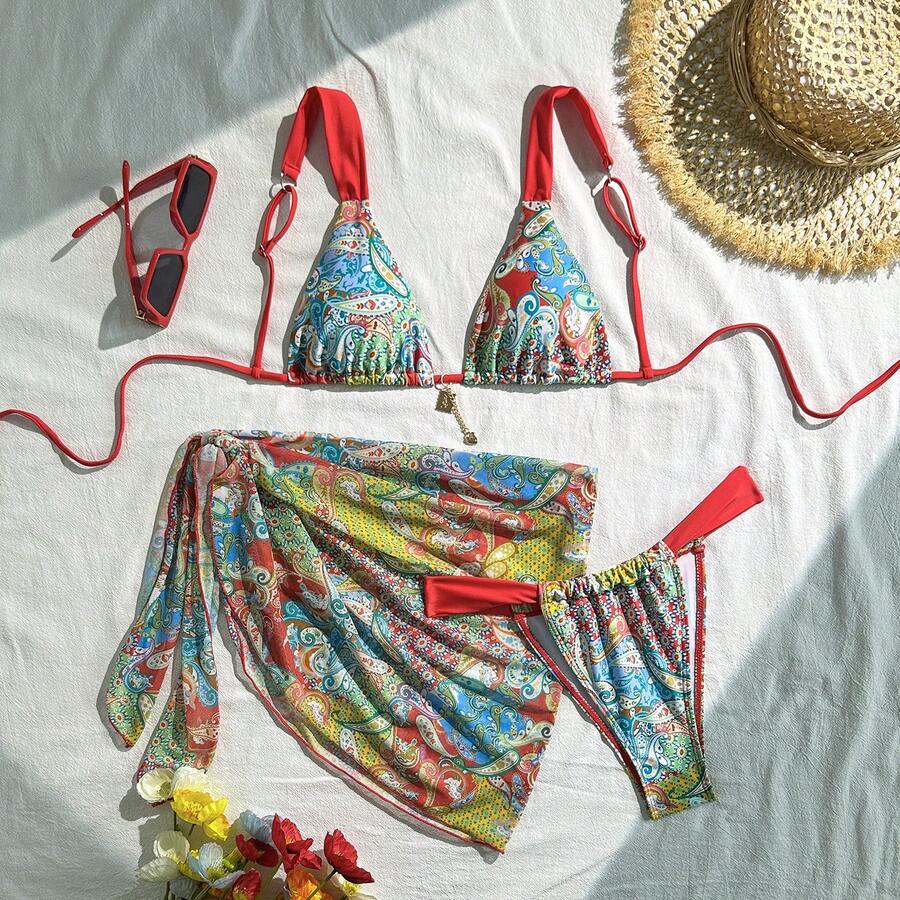 Nuevo en stock, conjunto de bikini de tres piezas para mujer, moderno y sexy. - Juego de tres piezas rojo 9330 - Ver 1