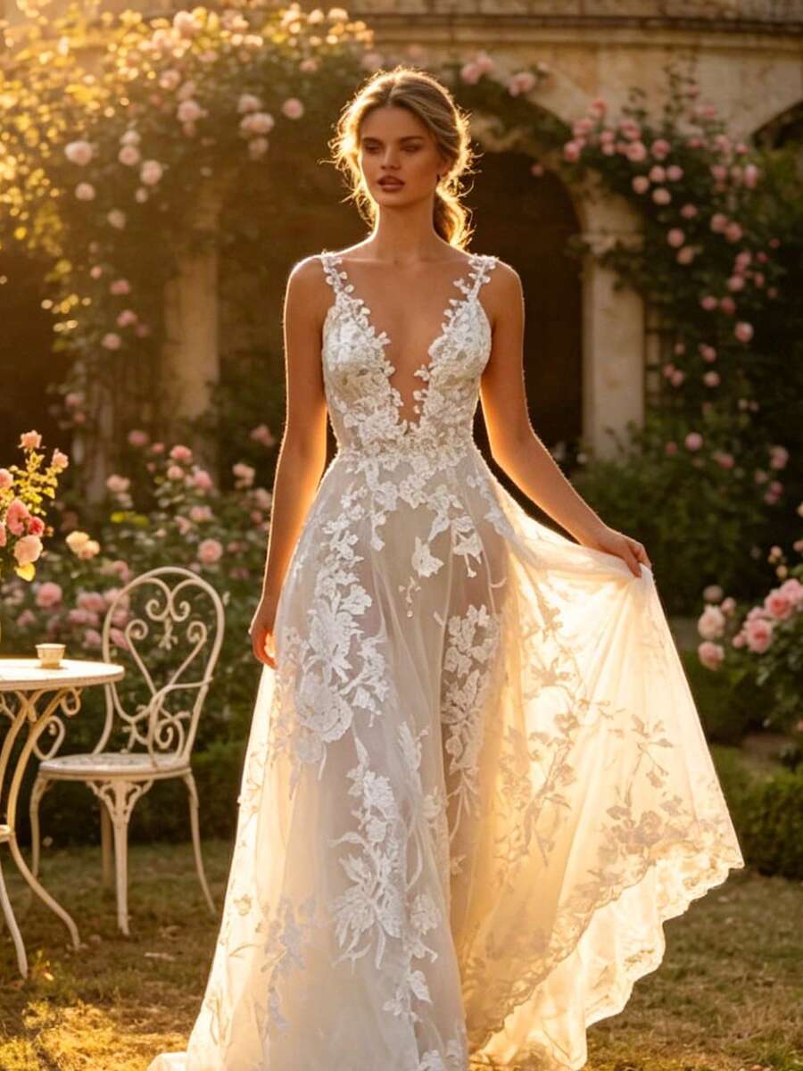 Elegant A-Line Lace Embroidered Backless Long Bridal Gown With Deep V-Neck, Romantic Sleeveless Wedding Dress For A Stunning Ceremony - White - View 1