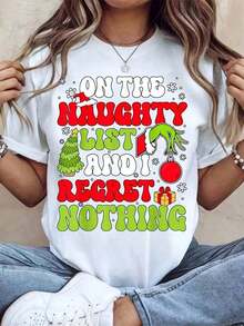Camiseta Vintage para Mujer con Cuello Redondo, Estampado 'Estoy en la Lista de Mala Suhebación y No Me Arrepiento de Nada', Adorno de Mano para Árbol de Navidad, Regalo, Camiseta Casual de Manga Corta para Fiesta Navideña, Celebración de Navidad, Camiseta Gráfica - Blanco - Ver 1