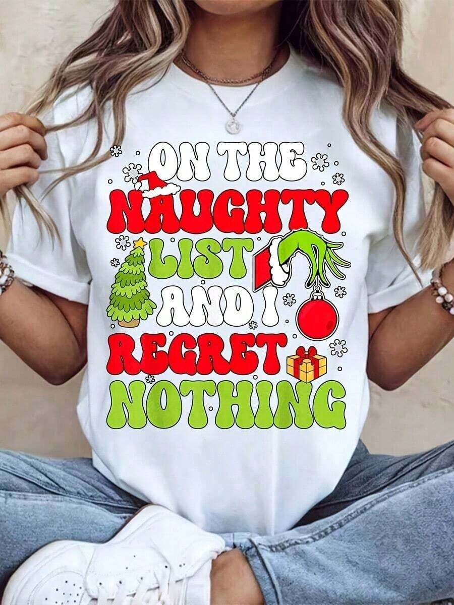 Camiseta Vintage para Mujer con Cuello Redondo, Estampado 'Estoy en la Lista de Mala Suhebación y No Me Arrepiento de Nada', Adorno de Mano para Árbol de Navidad, Regalo, Camiseta Casual de Manga Corta para Fiesta Navideña, Celebración de Navidad, Camiseta Gráfica - Blanco - Ver 1