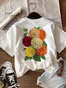 Camiseta Holgada Sencilla Mujer Estilo Moderno Top Casual de Primavera y Verano para Mujer con Estampado Floral de Doble Cara, Estilo Vintage con Dalias y Hojas Verdes, Cuello Redondo, Camiseta de Manga Corta.Camiseta Mujer Estampado Gráfico  Verano 2026 - Blanco - Ver 3
