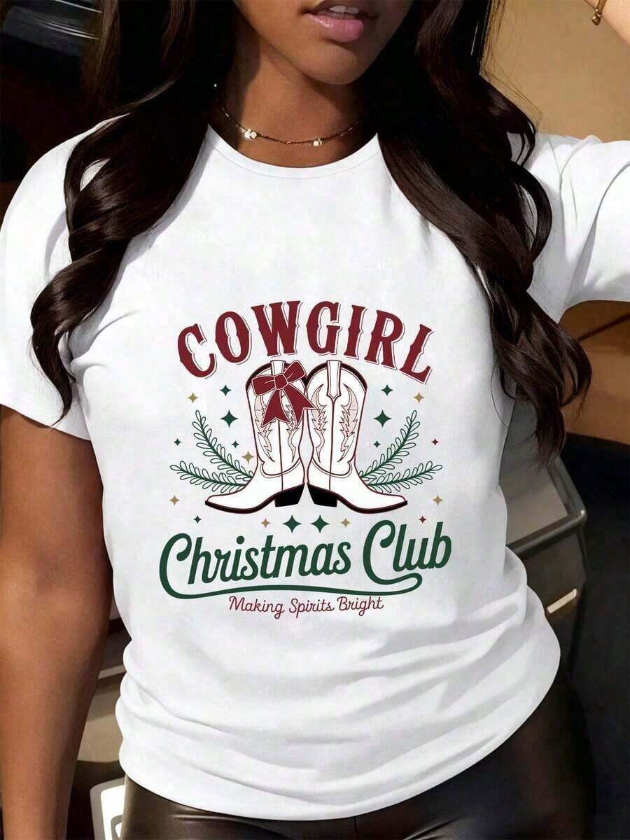 Camiseta Holgada Sencilla Mujer Estilo Moderno Camiseta de Navidad Estilo Cowgirl - Diseño Occidental Festivo con Botas y Elementos Navideños, que Aporta Alegría para la Ropa Navideña de Mujer Camiseta Mujer Estampado Gráfico Verano 2026 - Blanco - Ver 1