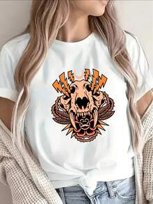 Camiseta de manga corta de poliéster para mujer, con un llamativo diseño de calavera de cabeza de tigre, diseño de contraste de colores naranja y negro, estilo callejero vanguardista, adecuada para uso casual diario, suave y bien ajustada, 100% poliéster, unisex. - Blanco - Ver 1