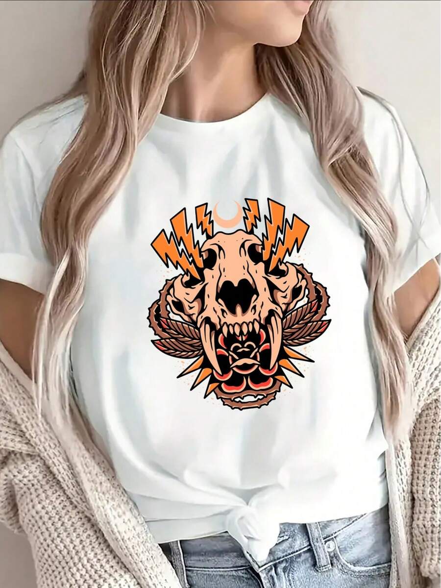 Camiseta de manga corta de poliéster para mujer, con un llamativo diseño de calavera de cabeza de tigre, diseño de contraste de colores naranja y negro, estilo callejero vanguardista, adecuada para uso casual diario, suave y bien ajustada, 100% poliéster, unisex. - Blanco - Ver 1