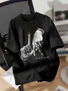 Women's T-Shirt With LA Hand Gesture Print, Y2K Fashionable Urban Style, Casual Loose Fit Comfortable T-Shirt, White Autumn Urban Top For Summer - 黑色 - 查看 6