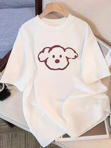 Camiseta de manga corta de algodón puro para mujer con estampado de perro de dibujos animados - Corte holgado, cuello redondo, estilo casual, transpirable y lavable a máquina, cómoda para todas las estaciones, camiseta linda, diseño sencillo, textura suave. - Blanco - Ver 8