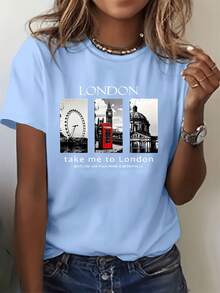 Women's Summer Short-Sleeved T-Shirt, European And American Style, With London Letter Print And Iconic City Buildings, A Modern And Stylish Feminine Combination - 鮮豔的藍色 - 查看 6