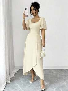 YHHRafferiza Vestido de mujer con cuello cuadrado francés, con volantes en capas adelgazantes, manga corta. Vestido vintage con diseño de botones y bajo asimétrico, elegante para ir al trabajo, citas, vacaciones y salidas.YHH - Beis - Ver 3