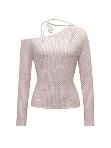 Blusa de manga larga de punto a lunares rosas, estilo coreano, con lazo en un hombro, adecuada para uso casual, en casa, calle y uso diario en primavera - Rosa - Ver 4