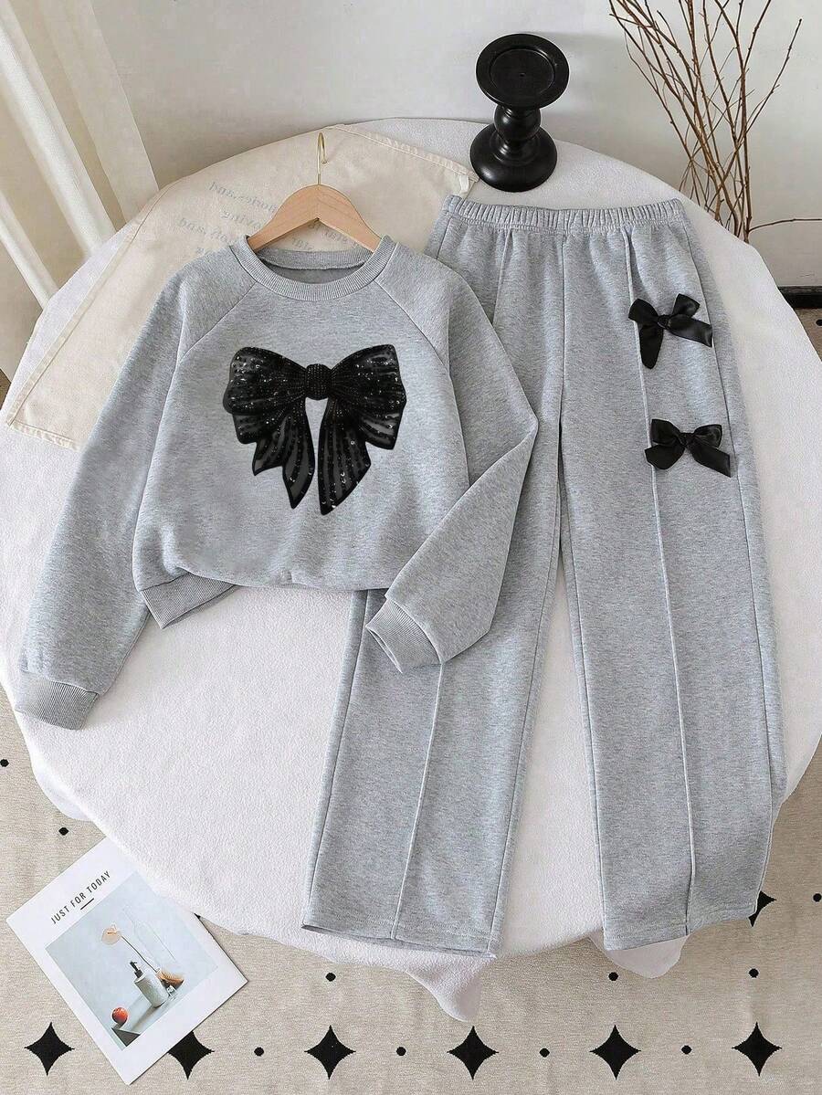 Tween Girl Bow Pattern Print Crew Neck Sweatshirt And Bow Decoration Pants - Grey - View 1