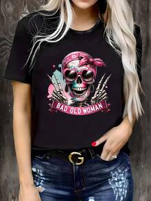 Talla Grande - Talla Grande - Talla Grande - Talla Grande - Camiseta de verano para mujer, diseño de calavera con estampado "Bad Old Woman", camiseta de manga corta para mujer, ropa casual de estilo urbano, suave, transpirable, holgada, top de verano con cuello redondo. - Negro - Ver 6