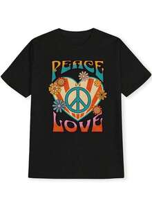 Camiseta negra para mujer con estampado de paz y amor - Diseño de corazón, flor y símbolo de la paz, camiseta casual de manga corta para primavera/verano, mezcla de poliéster suave, lavable a máquina, camisetas para damas. - Negro - Ver 4