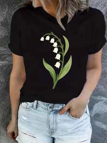 Camiseta de verano para mujer de manga corta con estampado, moderna y casual, lavable a máquina, ajuste cómodo con estampado plano 2D. - Negro - Ver 1