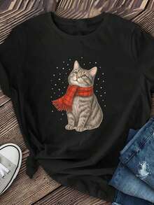 ModaModa1 Camiseta de manga corta para mujer con un estampado de un lindo gato con una bufanda roja, hecha de fibra de poliéster suave y transpirable, elasticidad media, lavable a máquina, camiseta casual de manga corta, diseño moderno, nuevo modelo 2026, camiseta estampada de cuello redondo, 180g 100% algodón. - Negro - Ver 3