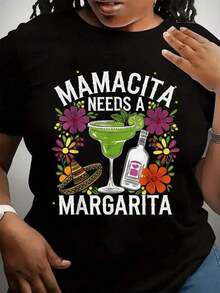 La camiseta de mujer presenta un diseño sencillo y versátil, con la frase "Mamacita Needs A Margarita" impresa en ella.Está especialmente diseñada para el Cinco de Mayo, con elementos florales y de sombrero mexicano.La camiseta negra, de manga corta y cuello redondo, es adecuada para usar en primavera y verano.Suave y holgada, extremadamente cómoda para el uso diario, camiseta de puro algodón. - Negro - Ver 1