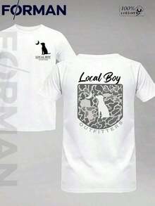 1 pieza, Verano 2026, Camiseta Gráfica 100% Algodón, Estampado de Doble Cara 'Local Boy Outfitter Dog Moon Camo', Estilo Vintage Streetwear, Cuello Redondo, Manga Corta, Camiseta para Hombre, Regalo para el Día del Padre, Ropa para el 4 de Julio, Camiseta Fresca de Verano, Estilo Unisex. - Blanco - Ver 1