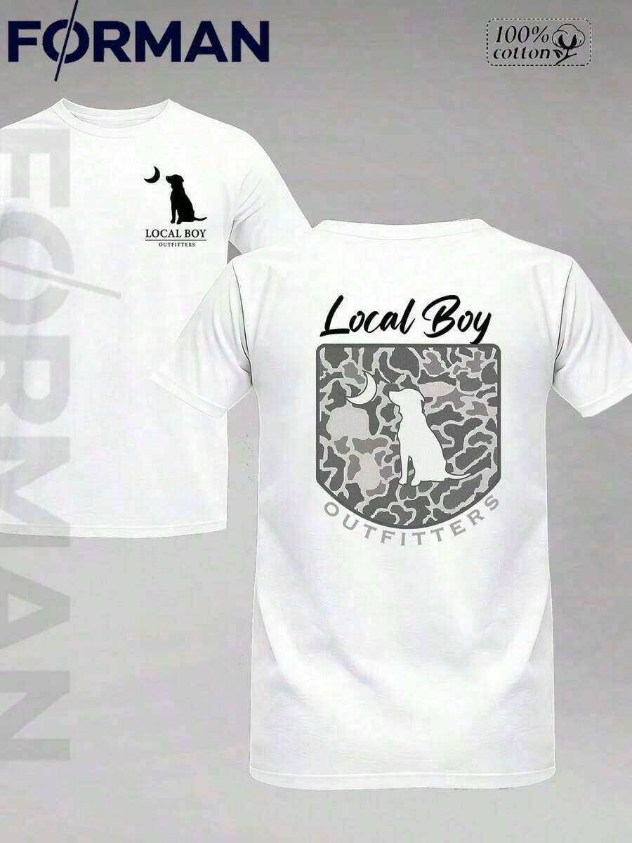 1 pieza, Verano 2026, Camiseta Gráfica 100% Algodón, Estampado de Doble Cara 'Local Boy Outfitter Dog Moon Camo', Estilo Vintage Streetwear, Cuello Redondo, Manga Corta, Camiseta para Hombre, Regalo para el Día del Padre, Ropa para el 4 de Julio, Camiseta Fresca de Verano, Estilo Unisex. - Blanco - Ver 1