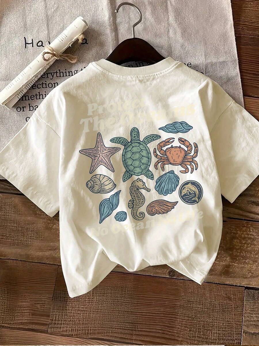 Camiseta de edición limitada con estampado gráfico, manga corta, cuello redondo, top casual para verano y primavera, ropa de mujer, algodón ligero. - Albaricoque - Ver 1
