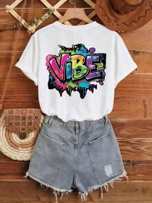 Camiseta con Estampado de Graffiti Vibe para Mujer, Estilo Urbano, Prenda Casual de Moda Urbana, 220g, Camiseta Fresca de Verano, Estilo Unisex - Blanco - Ver 2