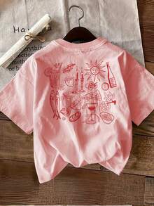 Camiseta de edición limitada con estampado gráfico, manga corta, cuello redondo, top casual para verano y primavera, ropa de mujer, algodón ligero. - Albaricoque - Ver 11