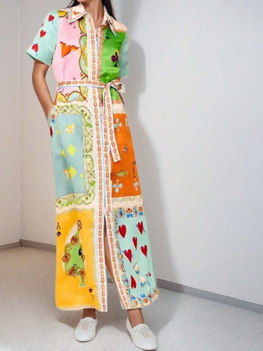 Vestido estampado manga corta cintura ajustada estilo vacaciones primavera 2026 - Multicolor - Ver 1