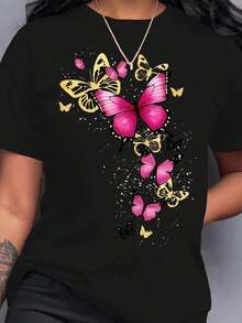 Casual Summer Butterfly Pattern Round Neck Short Sleeve T-Shirt For Women - Black - View 6