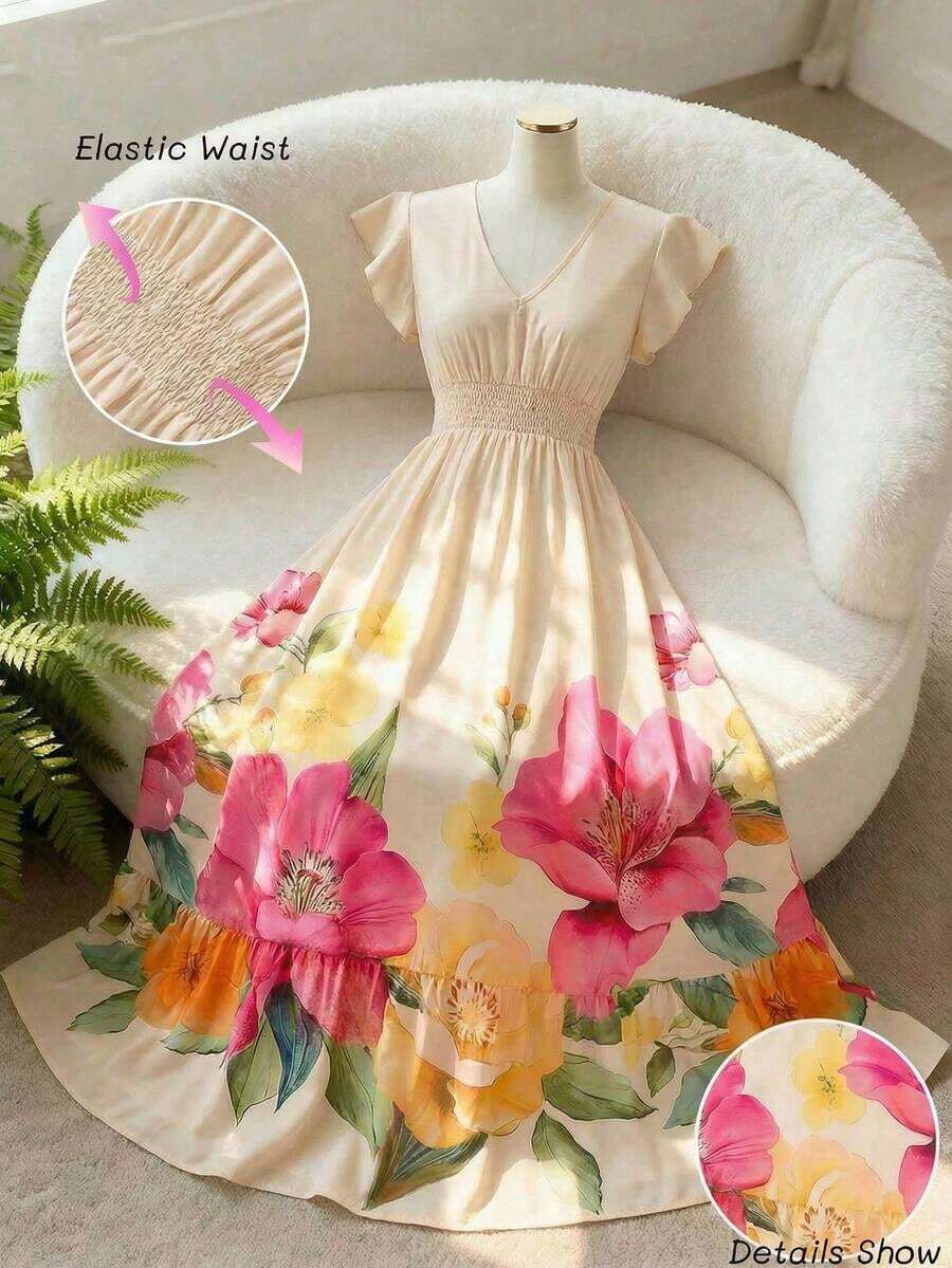 Vestido largo elegante de mujer con cintura fruncida y volantes, vestido de verano para vacaciones, vestido para citas - Multicolor 5 - Ver 1