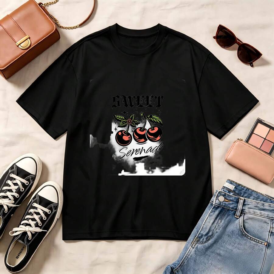 Retro Cherry Print, 100% Cotton Oversized Soft Breathable Casual Crewneck Short Sleeve Top, Summer Vibes Streetwear Kawaii Aesthetic Women's Fashion - Negro - Ver 1