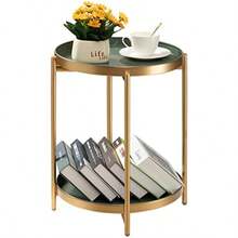 TeoKJ Mesa auxiliar dorada de 2 niveles mesa auxiliar redonda plegable de metal mesita de noche pequeña con dos bandejas extraíbles para recámara sala de estar mesita de noche espacios pequeños - Oro verde oscuro - Ver 9