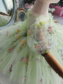 女嬰刺繡花瓣袖鏤空露背網紗公主裙，適合女孩生日派對、花童、婚禮、重要場合、節日慶祝禮服 - 薄荷綠 - 查看 6