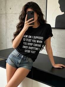 Camiseta satírica divertida "¿Cómo puedo confiar en ti?" con fuente vintage suave de recursos humanos y cultura pop, fondo negro con texto blanco, frases satíricas, ropa casual de calle, uso diario y cuello redondo simple, camiseta deportiva para fiestas, playa y deportes al aire libre. |   Ropa casual para todas las estaciones, talla grande - Negro - Ver 7