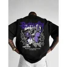 Camiseta Gráfica de Mariposa Morada Y2K para Hombre - Corte Relajado, Transpirable, Casual de Verano con Cuello Redondo, Lavable a Máquina para el Hogar, Aire Libre y Ocasiones Festivas, Suave, Cuello Redondo, Ropa Masculina, Tallas Grandes, Camiseta Favorita de la Abuela, Camiseta de Fe Cristiana - Negro - Ver 1